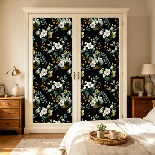 Black Green Dark Moody Floral Peel and Stick Wallpaper 17.5" x 393" - color: Black/Green/White, size: 17.5" x 393"