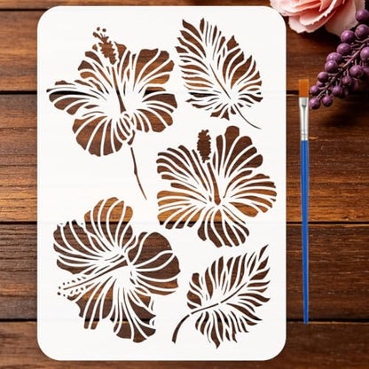 FINGERINSPIRE Hibiscus Stencils with a Brush 11.7x8.3Inch Flowers Painting Stencils Hibiscus Leaves Pattern Stencil Plant Themes PET Template for Painting on Wood Floor Tile Wall Fabric DIY - color: Hibiscus