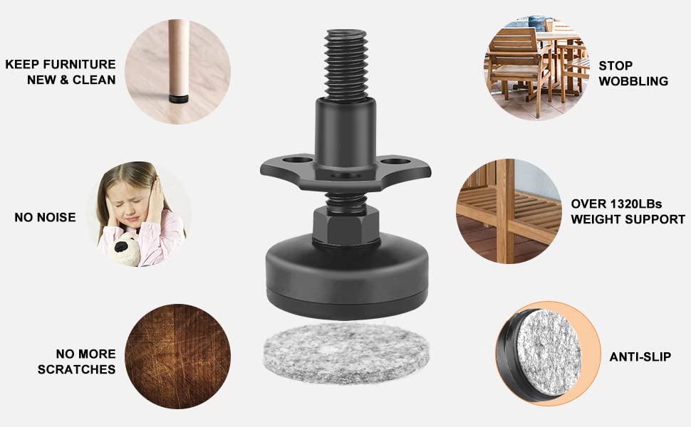 Anwenk Adjustable Leveling Feet Furniture Levelers Table Feet Heavy Duty Leg Levelers for Cabinets Sofa Tables Chairs,Support 1320LBs, T-Nut Kit 3/8”-16 Thread, Large Base- 8 Pack, Black - color: Black-8p-t Nut