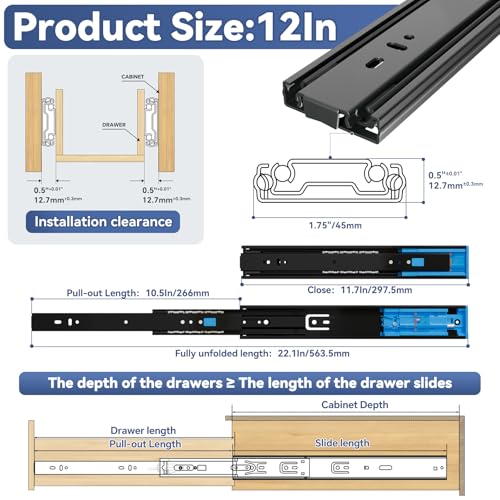 12 Inch Push to Open and Soft Close Drawer Slides, Full Extension,1 Pair - size: 12 Inch
