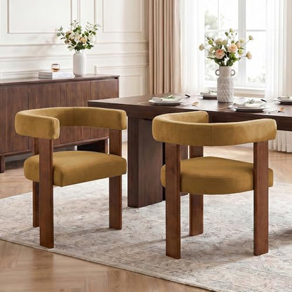 Usaint Wooden Barrel Dining Chairs Set of 2 with Walnut Wood Legs and Arm - color: Orange, size: Set of 2