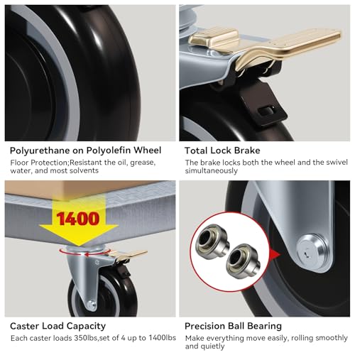 5" Caster Wheels, Heavy Duty Industrial Casters, Polyurethane Shopping Cart Wheels Replacement for Cart, Each Caster Loads 350lbs (12 Total Lock Brake) - style: 12 Total Lock Brake