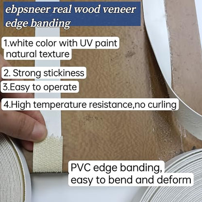 White Edge Banding Not Melamine PVC Edging Band,3/4 inch x50ft Pre-glued Real Wood Veneer Iron on Tape,Backed with Hot Melt Adhesive Flexible Strip Apply for Furniture Cabinet Restoration