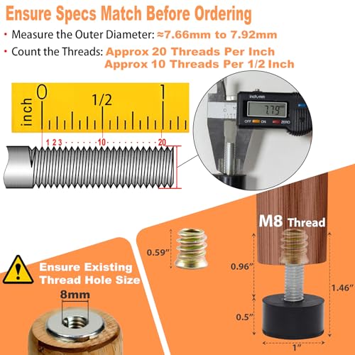 M8 Rubber Adjustable Furniture Leveler，8 Pack Leveling Feet Screws in Threaded, Feet Levelers Screw On Furniture Glide Leveling for Table, Chair, Furniture Legs - size: M8 Thread, 8 Pack