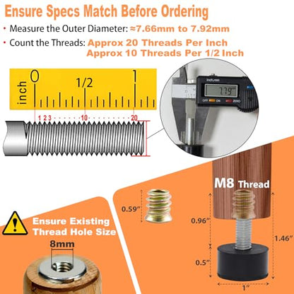 M8 Rubber Adjustable Furniture Leveler，8 Pack Leveling Feet Screws in Threaded, Feet Levelers Screw On Furniture Glide Leveling for Table, Chair, Furniture Legs - size: M8 Thread, 8 Pack