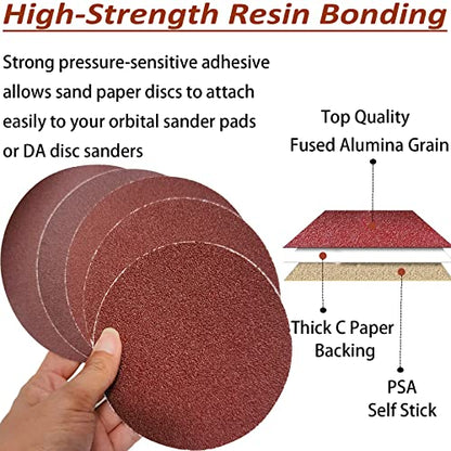 Premium 60 PCS 6" PSA Sanding Discs - 10 Each of 80 100 120 180 240 400 Grit - 6 Inch Self Adhesive Stickyback Sandpaper Discs for DA Sander, Sand Automotive Car Paint, Woodworking Wood, Metal