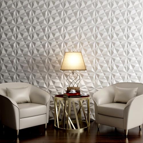 MIX3D 33 Pack 3D Wall Panels, Modern Diamond Textured Design for Interior Wall Decor in Living Room Bedroom Game Room Office Hotel, White, 12'' x 12'' Cover 32 Sq. Ft