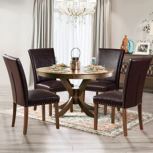 Parsons Dining Chairs Set of 4, Upholstered Nailhead PU Leather Dining Room Kitchen Side Chair with Thick Cushions and Wood Legs, Dark Brown - color: Dark Brown, size: set of 4