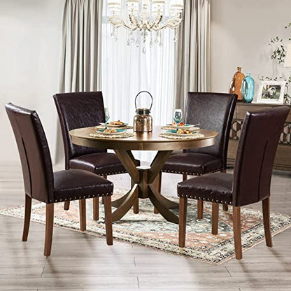 Parsons Dining Chairs Set of 6, Upholstered Nailhead PU Leather Dining Room Kitchen Side Chair with Thick Cushions and Wood Legs, Dark Brown - color: Dark Brown, size: set of 6