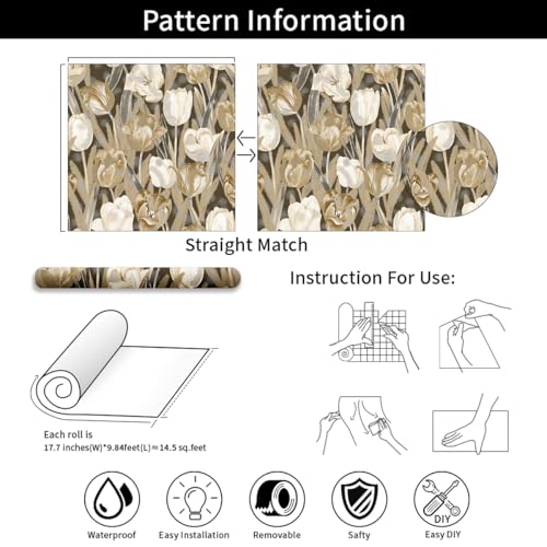 Tulip Retro Flower Wallpaper，17.71 "x 118.1" Golden Aesthetic Contact Paper Waterproof Vinyl Wallpaper for Kitchen Backsplash Bathroom Cabinet - color: flower-07, size: 17.7" x 118.1"