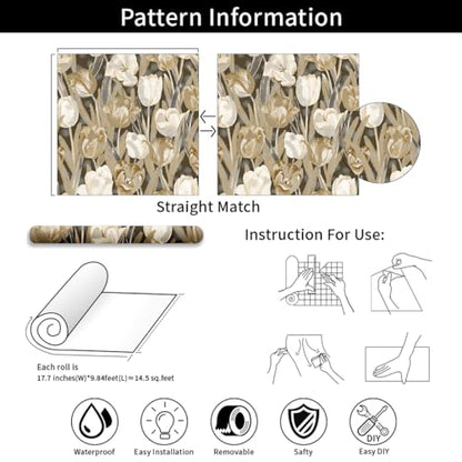 Tulip Retro Flower Wallpaper，17.71 "x 118.1" Golden Aesthetic Contact Paper Waterproof Vinyl Wallpaper for Kitchen Backsplash Bathroom Cabinet - color: flower-07, size: 17.7" x 118.1"