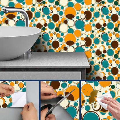 HOMETITUTE Polka Dot Circles Peel Stick Wallpaper 118.1x17.7 Inch Vinyl - color: Retro Orange Blue Circles