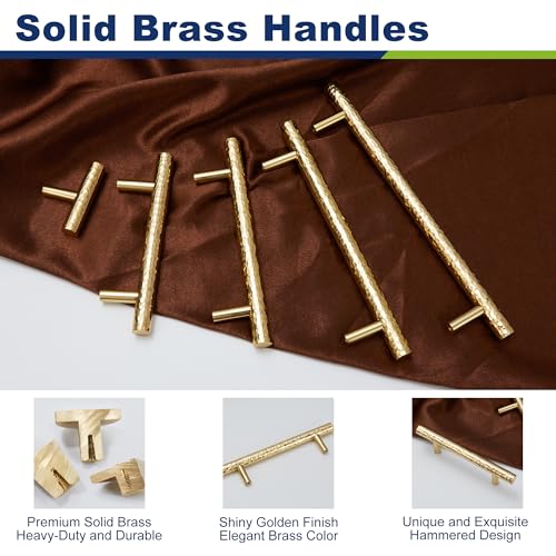 6-Pack Solid Brass Kitchen Cabinet Pulls, Gold Modern T-Bar Handles, 3-Inch Hole Center Hammered Handles for Dresser Drawer Cupboard, 4-13/16 Inch Total Length, Polished Finish - size: 3 Inch(76mm) Hole Centers