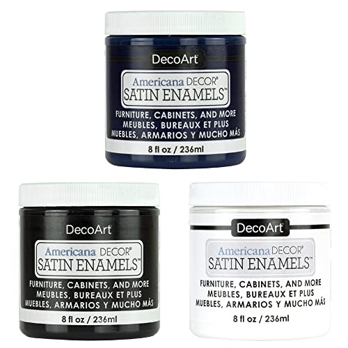 DecoArt Satin Enamels, 3 Color Combo Set, Pack of 3 Jars, Set Contains: 1 Jar - Pure White (8 fl oz), 1 Jar- Dark Denim (8 fl oz), 1 Jar - Classic Black (8 fl oz) - color: Multi