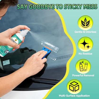 Adhesive Remover Kit, Sticker Remover Spray for Cars, Floor, Windows, Surface-Safe Glue Remover with Plastic Scraper – Quickly Removes Decals, Tape Residue, Gum, Tar and Grease