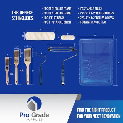 Pro Grade Paint Roller Kit, Paint Brushes, 4" & 9" Roller Covers for Walls - size: 10 Piece Set