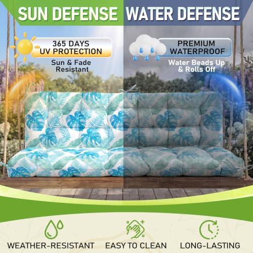 Oxford Fabric Swing Cushions with Backrest & Tie Straps for Patio Bench - color: Monstera Blue