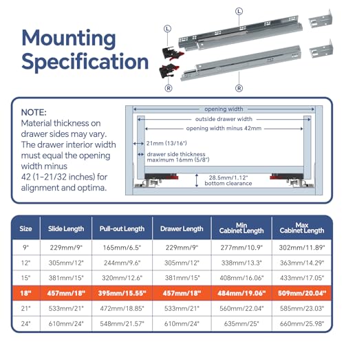 ToBeGreat 15 Inch Undermount Soft Close Drawer Slides - Full Extension - color: Soft Close-1 Pair, size: 15 Inch