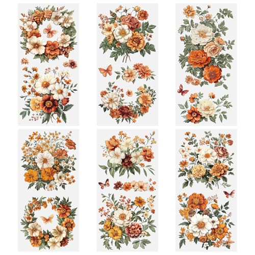 Floral Furniture Transfers Stickers, 6 Sheets Vintage Orange Flowere Rub on Transfers Stickers Waterproof Decorative Sticker Decal for DIY Crafts Wood Glass, 5.91×11.81 in - color: Orange Blooms