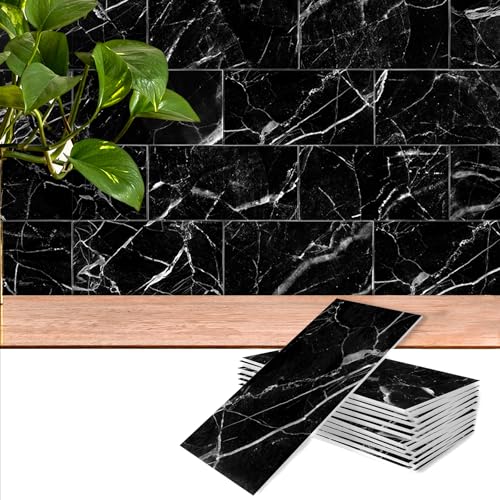 32 Sheets Nero Marquina Black Marble Peel and Stick Tile 4"x8" - color: Nero Marquina Black Marble, size: 32 Pcs 4" x 8" x 0.07"