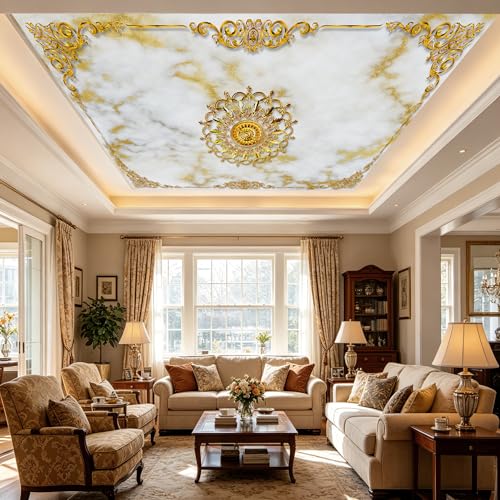 Luxury White Gold Marble Ceiling Medallion Peel and Stick Wallpaper - color: No.10, size: 135" x 96"