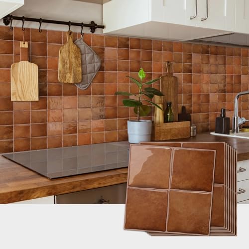 20pcs Peel and Stick Backsplash Wall Tiles, Brown Orange, 6"x6" - color: Brown Orange
