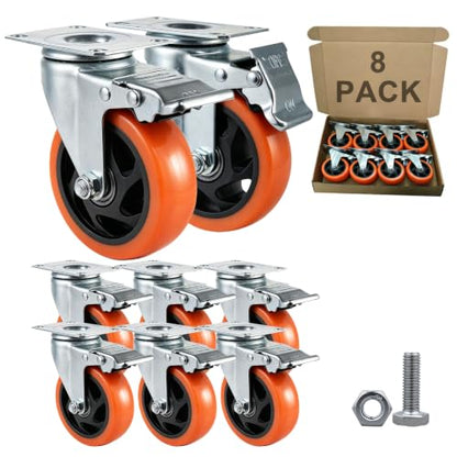 Htudcue 8 Pack 4 Inch Heavy Duty Casters, 2200 lbs Load Per Set of 4, Orange Swivel Plate Casters with Lock Brakes for Garage Workshops & Storage Shelves