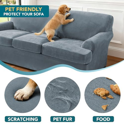 Sofa Cover 3 Piece T Cushion Loveseat Covers for 2 Cushion Couch Thick Velvet Couch Cover Stretch Furniture Covers with 2 Individual T Cushion Covers, Washable (2 Cushion Loveseat, Stone Blue) - color: Stone Blue, size: Loveseat (2 Cushion)