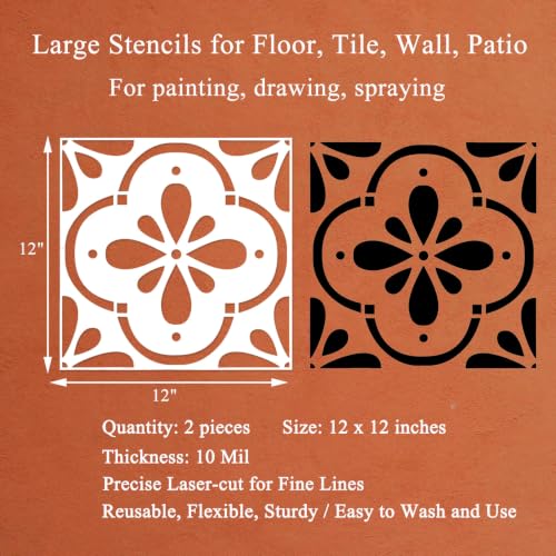 2-Pack 12" x 12" Large Reusable Floor Tile Stencils for Painting, Boho