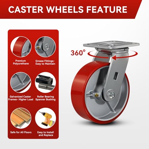 6"x2" Industrial Casters- Heavy Duty casters,Polyurethane Casters Wheel,Capacity up to 5000 Lb. Use for Platform Truck, U-Boat Cart,Workbenches(4 Swivel) - style: 6 inch