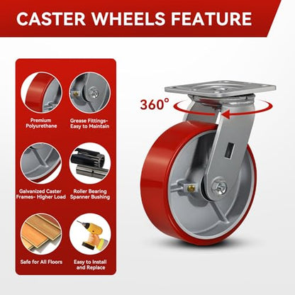 6"x2" Industrial Casters- Heavy Duty casters,Polyurethane Casters Wheel,Capacity up to 5000 Lb. Use for Platform Truck, U-Boat Cart,Workbenches(4 Swivel) - style: 6 inch