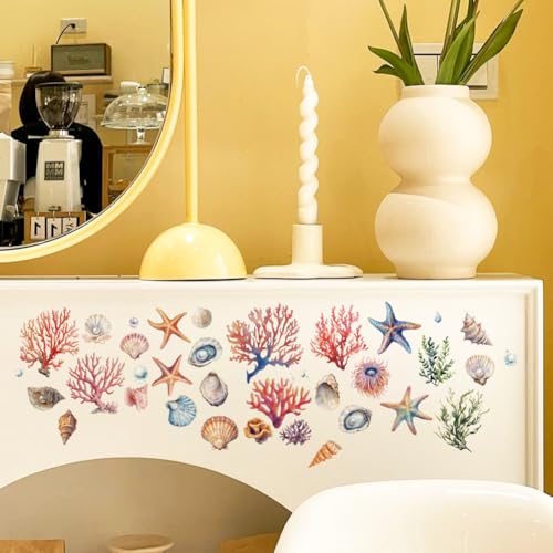 OLYCRAFT 3pcs/Set Ocean Rub on Transfers for Furniture and Crafts 6x12 Inch Coral Shell Furniture Decals Transfer Stickers Starfish Rub on Decal with 1pc Scraper for Wood Furniture Home Decoration - style: Ocean