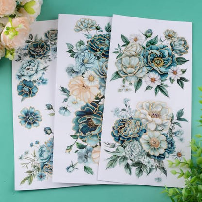WANDIC 3 Sheets UV Rub on Transfer Stickers, Blue Green Hot Stamping Flowers Theme 3D Waterproof Decals for Cups Water Bottle Furniture, 15 * 30cm - color: Green Hot Stamping Flowers