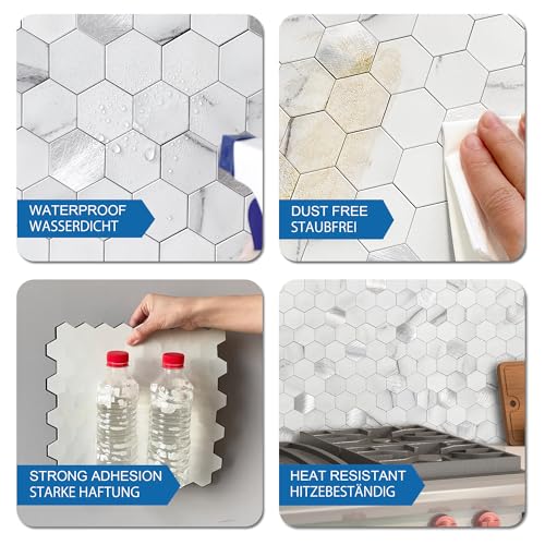 Peel and Stick Backsplash Hexagon Marble Tiles White Silver 10pcs - color: White Silver, size: 10sheets