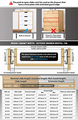 YENUO Push to Open Drawer Slides Full Extension 12–24 Inch 100 LB - color: Black-Push Open, size: 12 Inch