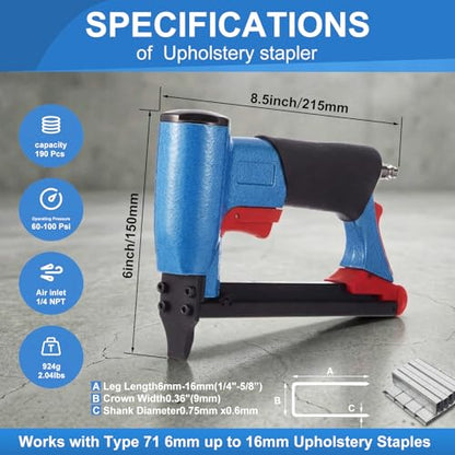 Pneumatic Upholstery Stapler, 22 Gauge Compatible with 71 Series Air Staple Gun (3/8" Crown), 1/4"-5/8" Length, 190-staple Magazine, 60-100 Psi, 1/4" Npt(Short) - style: Short, 22 Gauge
