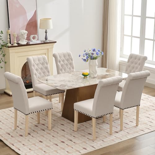 LOULENS Fabric Dining Chairs Set of 6, Upholstered Kitchen Chairs, Beige - color: Beige, size: Set of 6