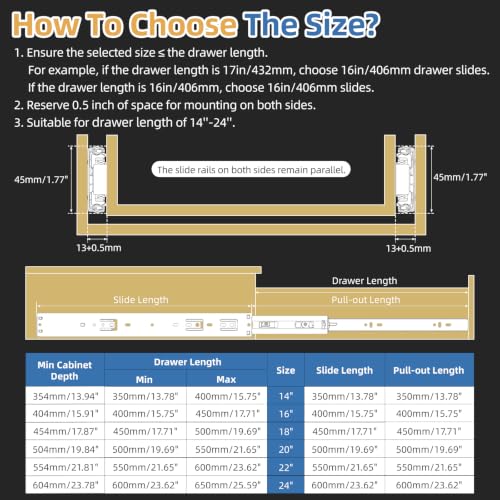 Furniware 5 Pairs 22 Inch Soft Close Drawer Slides Side Mount - size: 22 Inch