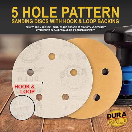 Dura-Gold 5" Gold Sanding Discs, 400 Grit, Box of 50, 5 Hole Pattern, H & L - size: 400 Grit