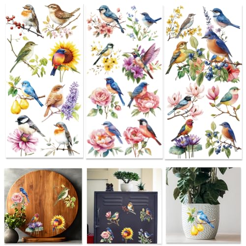 INFUNLY 3 Sheets Vintage Birds Floral Rub on Transfers for Christmas 11.8"×5.9" Hummingbird Transfers Sticker Botanical Flower Transfers Furniture Crafts Bird Branch Decals for Halloween DIY Gift - style: Vintage Birds Floral