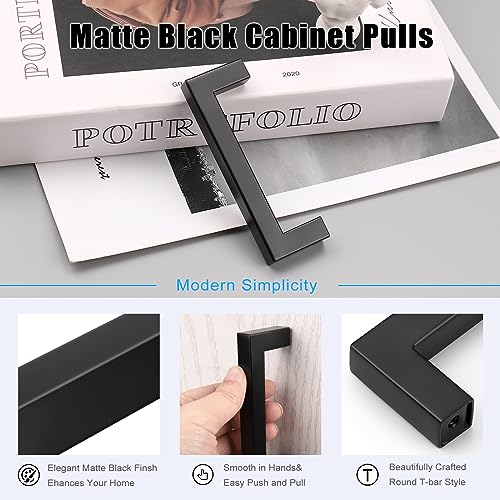 KNOBWELL 20 Pack| 3-1/2 inch Black Drawer Pulls, 90mm Modern Kitchen Cabinet Handle Pulls Stainless Steel, Black Square Bar Handle for Wardrobe Closet Chest Nightstand - color: Matte Black, size: Hole Center:3-1/2 inch(90mm)