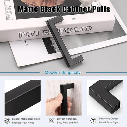 KNOBWELL 20 Pack| 3-1/2 inch Black Drawer Pulls, 90mm Modern Kitchen Cabinet Handle Pulls Stainless Steel, Black Square Bar Handle for Wardrobe Closet Chest Nightstand - color: Matte Black, size: Hole Center:3-1/2 inch(90mm)
