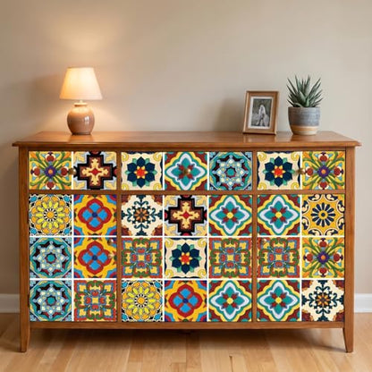 30 Pcs Mexican Talavera Peel and Stick Tile Stickers 4x4 Inch - Self-Adhesive Waterproof Vinyl Backsplash Decals for Kitchen Bathroom Stair Riser, Removable Boho Spanish DIY Wall Decor