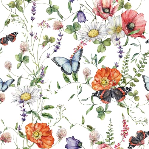 Livelynine Floral Butterfly Wallpaper Peel and Stick Vintage Pink Green Botanical Wall Paper Renter Friendly Wildflower Self Adhesive Floral Contact Paper for Cabinets Purple Orange Flowers 17.5x78.8 - color: Butterfly Floral, size: 17.5" x 78.8"