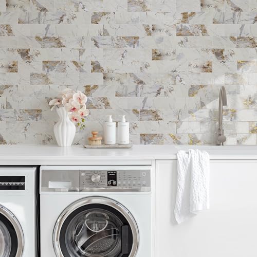 Vamos Tile 100-Pack Peel and Stick Backsplash Tile,3" x 6" PVC Subway Tile - color: Pandora Marble with Gold Veining