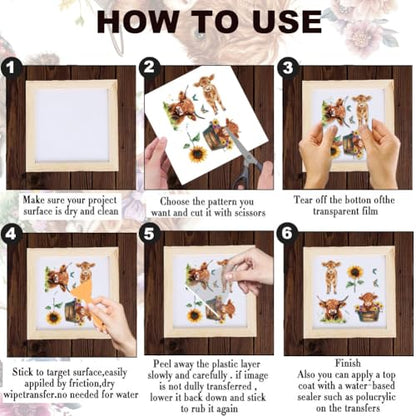 4 Sheets Highland Cow Rub on Transfers for Furniture Crafts 6x12 - color: Highland Cattle