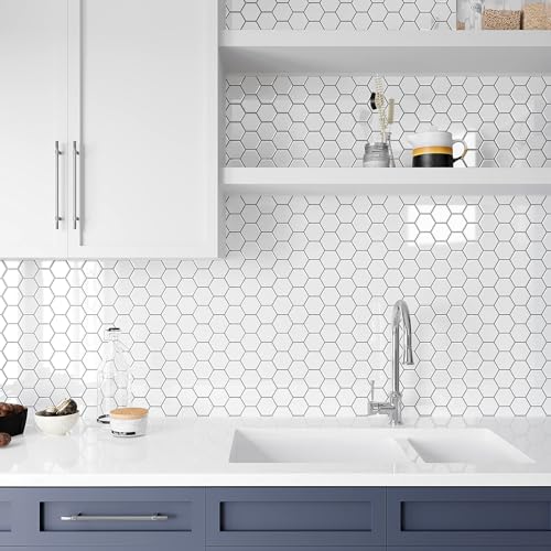 VEELIKE White Hexagon Kitchen Backsplash Tiles Peel and Stick Backsplash Wall Tiles for Bathroom 24 Sheets Waterproof Renter Friendly Ceramic Stick on Tile for Shower Wall Laundry Room 12''x12'' - size: Box of 24 Tiles