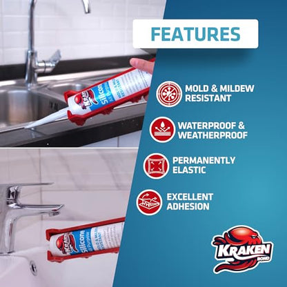 Kraken Bond RTV Silicone Sealant Gray (48 x 10.1 fl.oz.)%100 Waterproof Silicone Caulk Kitchen and Bathroom, All Purpose, Window Caulking Sealant Outdoor, RV, 48 Pack