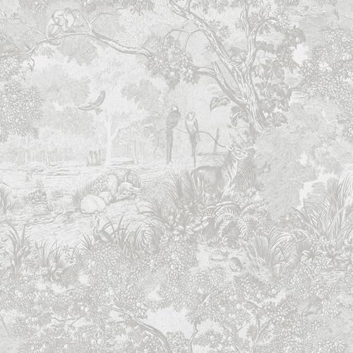 Heroad Peel and Stick Wallpaper Grey and White Vintage Forest Animals Floral Wallpaper Removable Self-Adhesive Contact Paper for Bedroom Living Room Cabinets Decoration Thicken Vinyl 17.3''x78.7'' - color: Gray, size: 17.3" x 78.7"