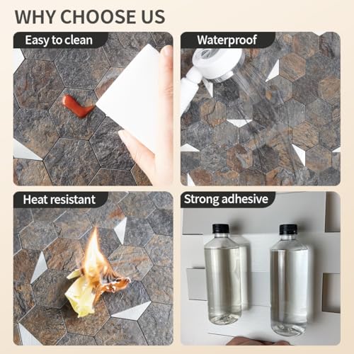 DICOFUN 1-Sheet 12"x12" Rust Slate Hexagon Tile Peel and Stick Backsplash, PVC Mixed Silver Metal Mosaic Tiles for Kitchen and Bathroom - color: Rust Slate + Silver Metal Chip, size: 1 Sheet, 12''x12''x0.12''